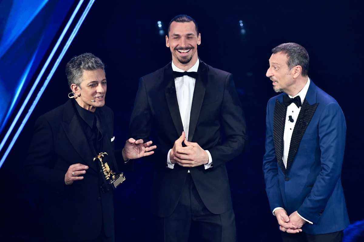 Fiorello, Ibrahimovic e Amadeus al Festival di Sanremo 2021.